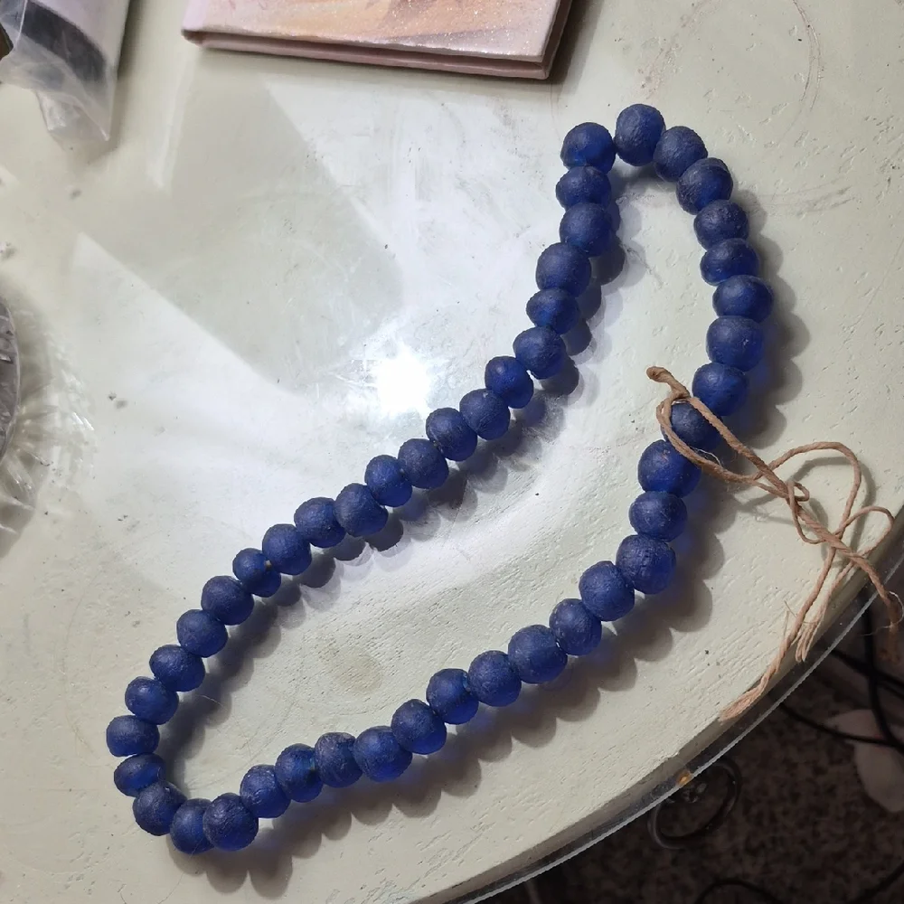 Ghana Cobalt Blue Krobo recycled Glass African trade Beaded Necklace